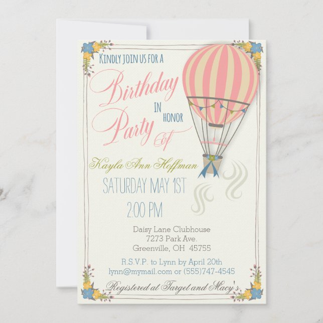 Invitación a la fiesta de cumpleaños con globo aer (Anverso)