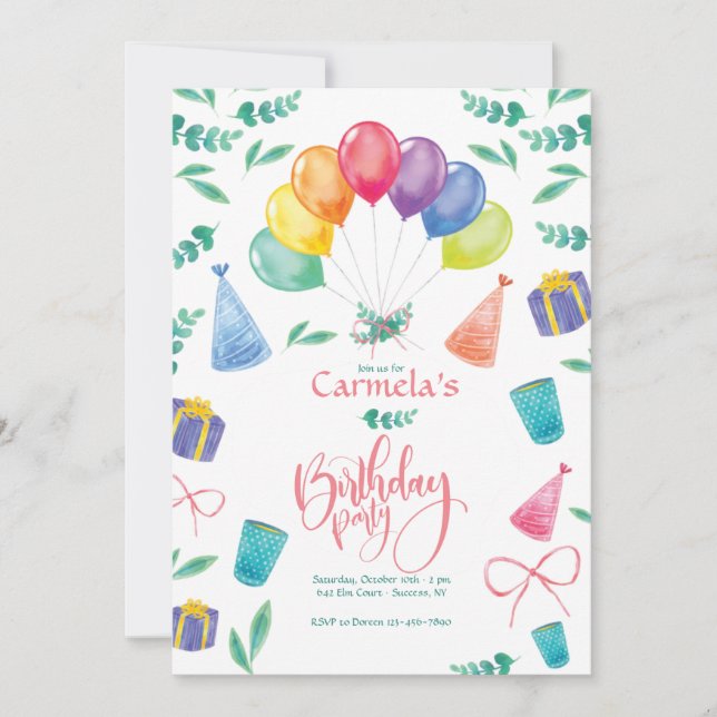 Invitación a la fiesta de cumpleaños con globos (Anverso)