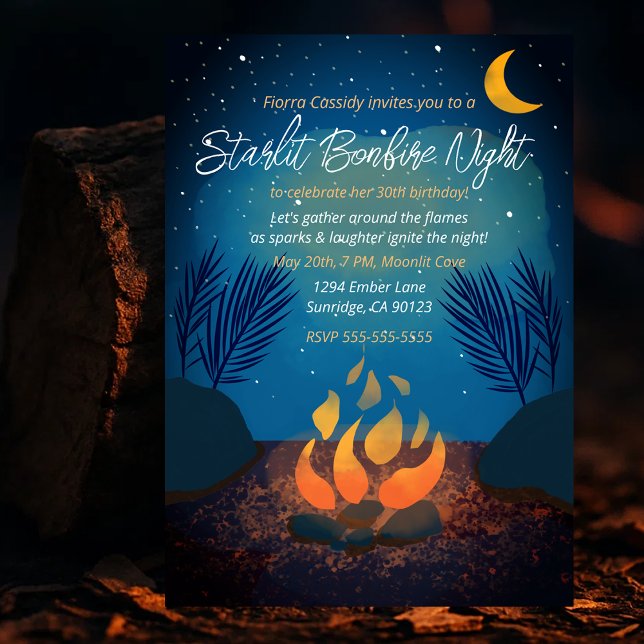 Invitación a la fiesta de cumpleaños con hoguera a (Cozy Starlit Bonfire Birthday Party Invitation
)