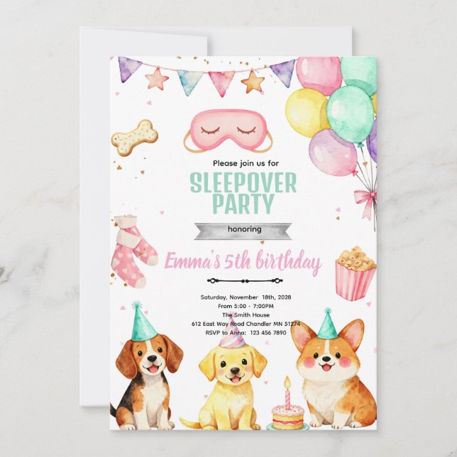 Invitación a la fiesta de cumpleaños con pernocta  (Anverso)