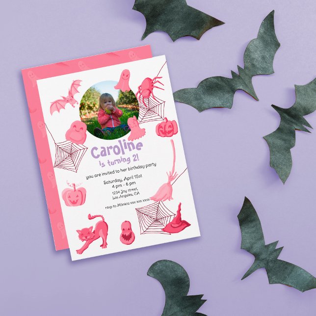 Invitación a la fiesta de cumpleaños con temática  (Pink and white halloween birthday party invitation)