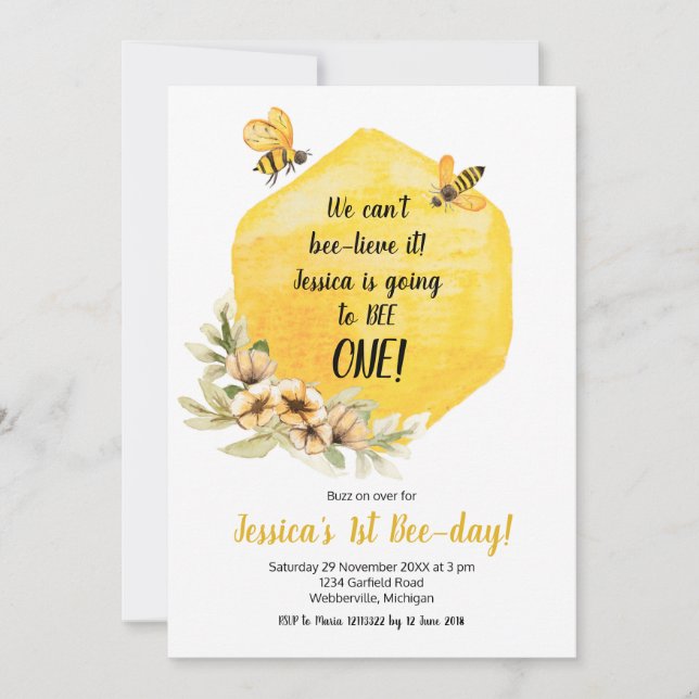 Invitación a la fiesta de cumpleaños de Abeja Amar (Anverso)
