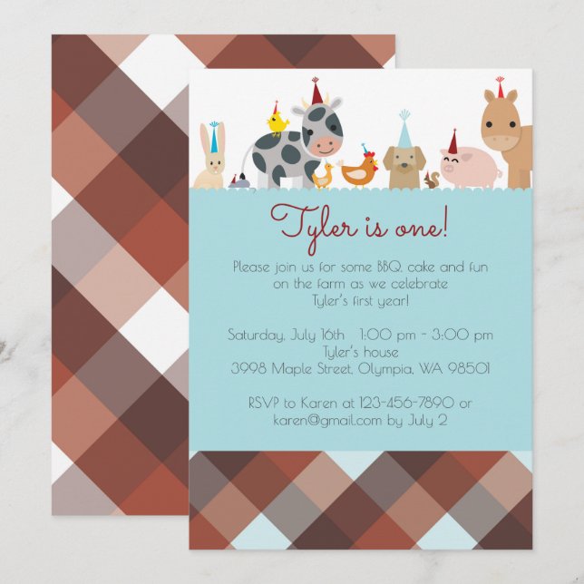 Invitación a la fiesta de cumpleaños de animales d (Anverso / Reverso)