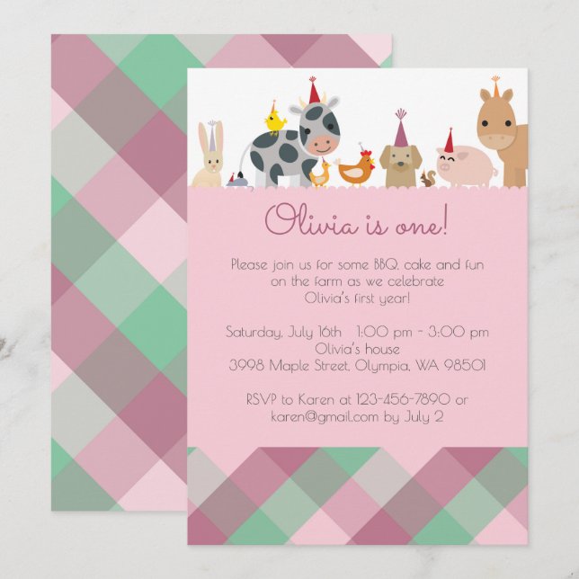 Invitación a la fiesta de cumpleaños de animales d (Anverso / Reverso)