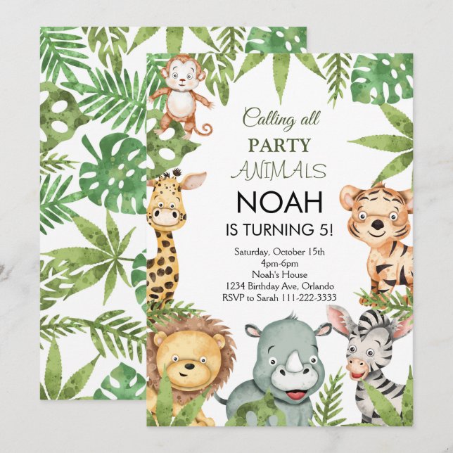 Invitación a la fiesta de cumpleaños de animales d (Anverso / Reverso)
