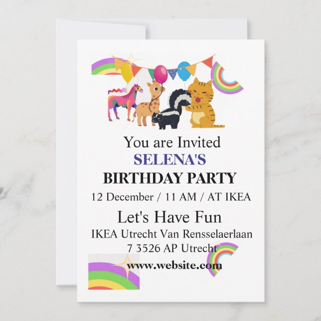 Invitación a la fiesta de cumpleaños de animales y (Anverso)