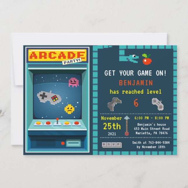Invitación a la fiesta de cumpleaños de arcade de  (Anverso)