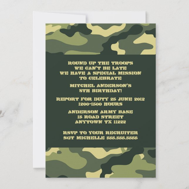 Invitación a la fiesta de cumpleaños de Army Camo  (Anverso)