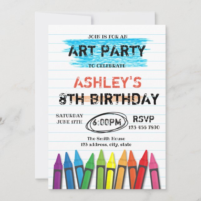 Invitación a la fiesta de cumpleaños de Art Crayon (Anverso)