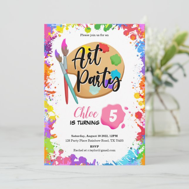 Invitación a la fiesta de cumpleaños de arte (Anverso de pie)