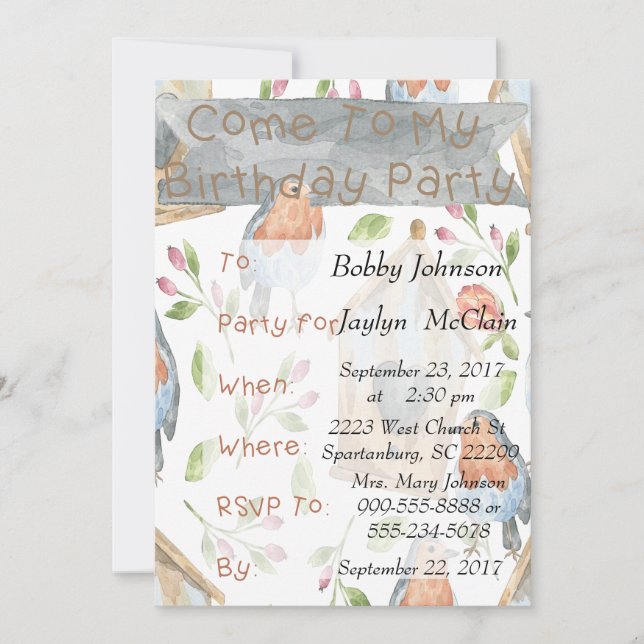Invitación a la fiesta de cumpleaños de Aves y Ave (Anverso)