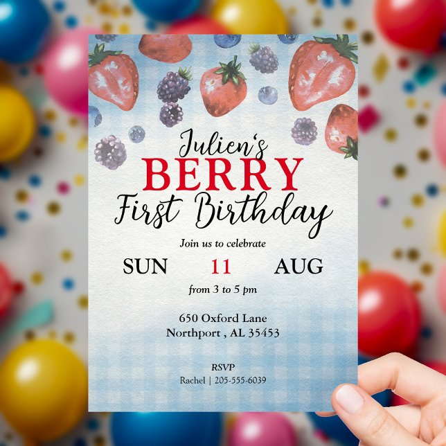 Invitación a la fiesta de cumpleaños de Baby Berry (Baby's BERRY First Birthday invitation | Fruit, Summer, Berries, Buffalo Check, Picnic)