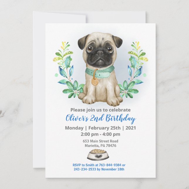 Invitación a la fiesta de cumpleaños de Baby Pug (Anverso)