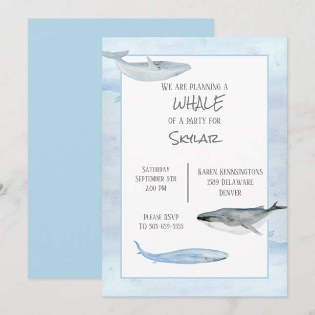 Invitación a la fiesta de cumpleaños de ballena (Anverso / Reverso)