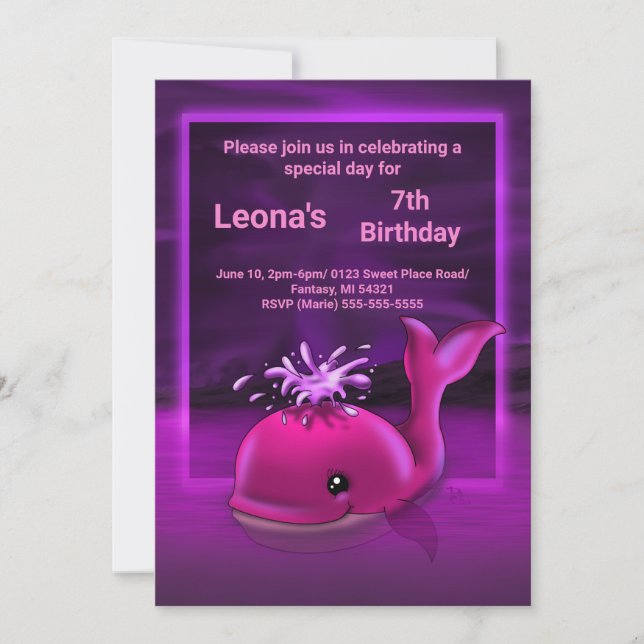 Invitación a la fiesta de cumpleaños de ballena ro (Anverso)