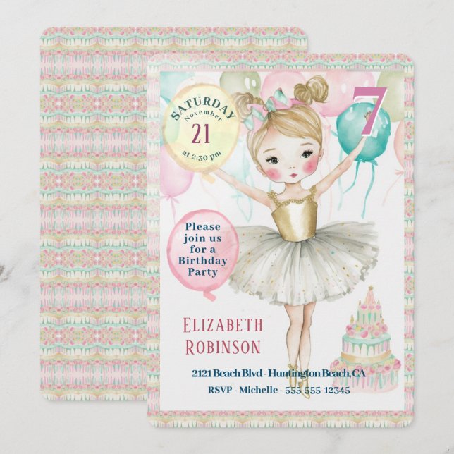 Invitación a la fiesta de cumpleaños de Ballerina (Anverso / Reverso)