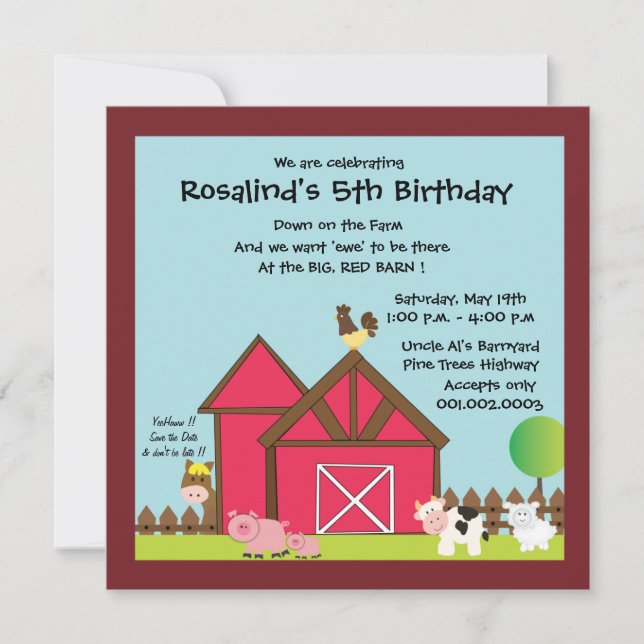Invitación a la fiesta de cumpleaños de Barnyard - (Anverso)