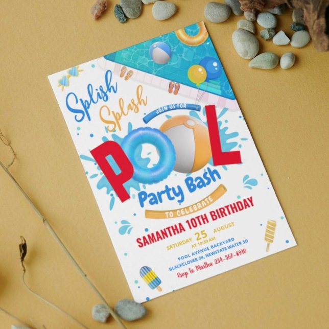 Invitación a la fiesta de cumpleaños de Bash Fiest (Editable Pool Party Bash Birthday Party Invitation)