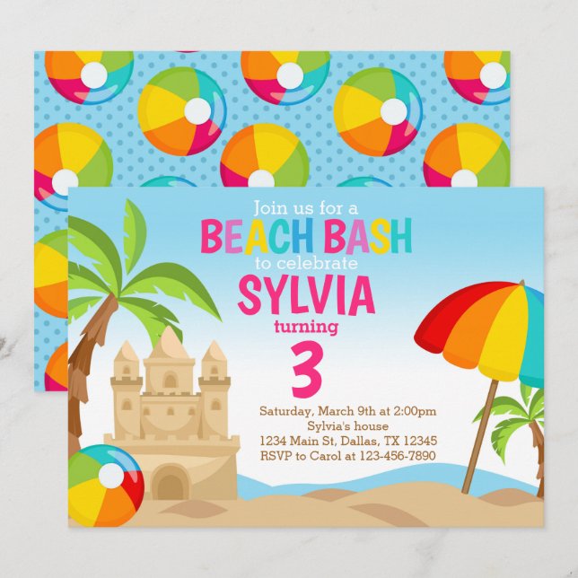 Invitación a la fiesta de cumpleaños de Beach Bash (Anverso / Reverso)