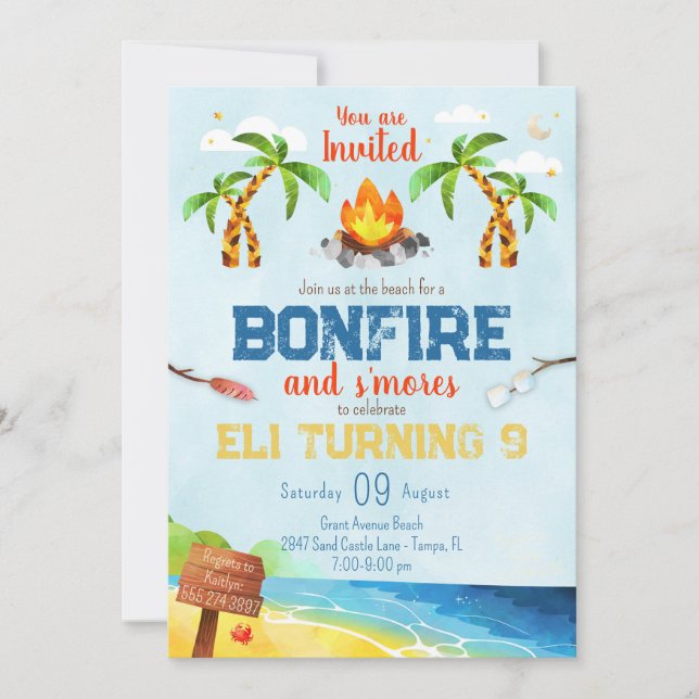 Invitación a la fiesta de cumpleaños de Beach Bonf (Anverso)