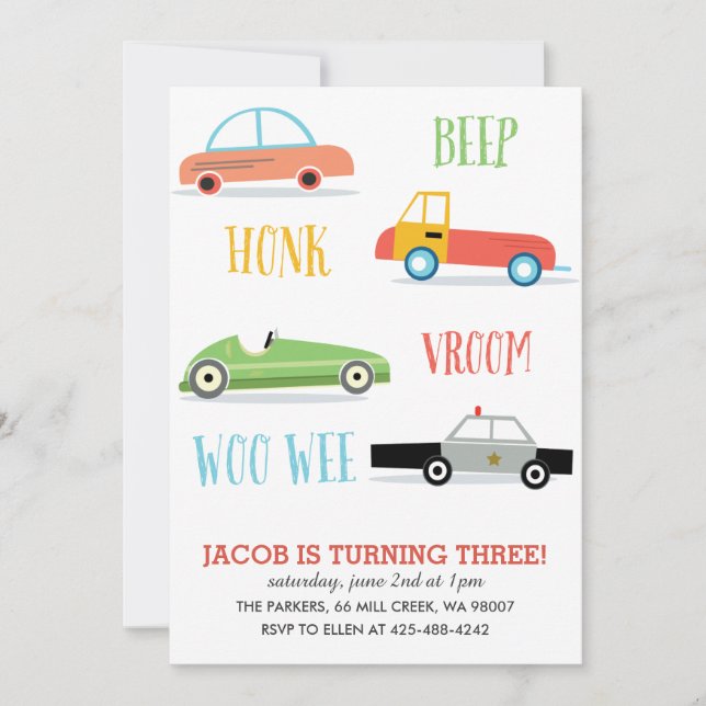 Invitación a la fiesta de cumpleaños de Beep Honk  (Anverso)