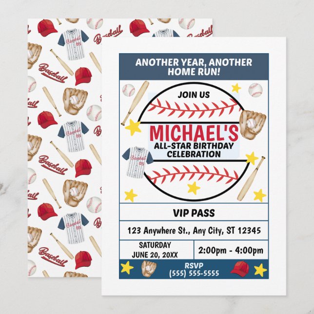 Invitación a la Fiesta de Cumpleaños de Béisbol (Anverso / Reverso)