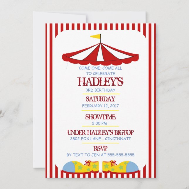 Invitación a la fiesta de cumpleaños de Big Top Ci (Anverso)