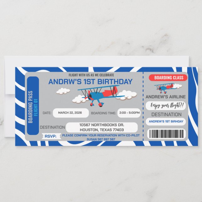Invitación a la fiesta de cumpleaños de Blue Airpl (Anverso)
