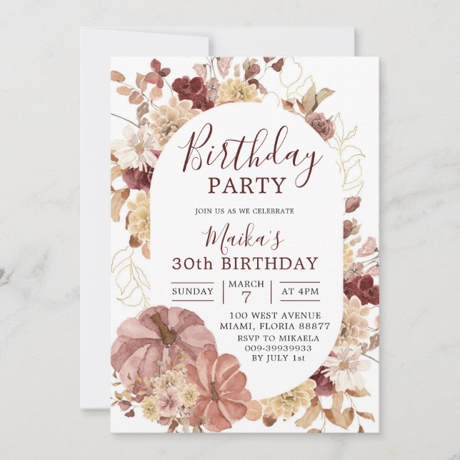 Invitación a la fiesta de cumpleaños de Boho Flora (Anverso)