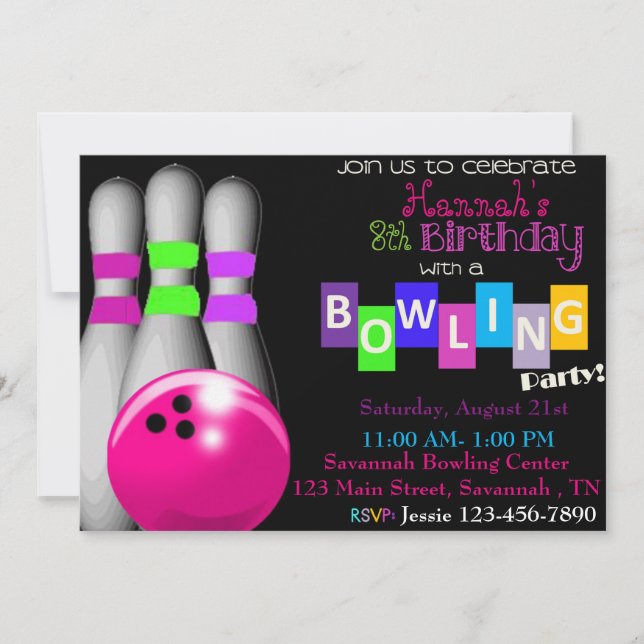 Invitación a la fiesta de cumpleaños de Bowling (Anverso)