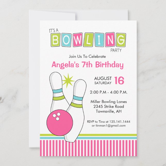 Invitación a la fiesta de cumpleaños de Bowling (Anverso)