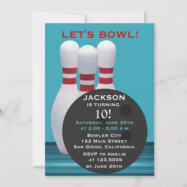 Invitación a la fiesta de cumpleaños de Bowling (Anverso)