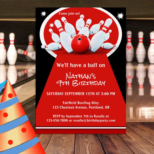 Invitación a la fiesta de cumpleaños de Bowling (A birthday party invitation featuring a bowling scene in a minimalist sportive red, black and white )