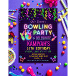 Invitación a la fiesta de cumpleaños de Bowling<br><div class="desc">La fiesta de cumpleaños de Bowling: Neon Glow Rainbow Neon Strike para divertirse Vamos a rebosar en la oscura invitación del Chica Tween</div>