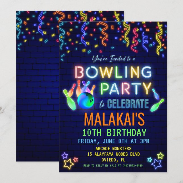 Invitación a la fiesta de cumpleaños de Bowling (Anverso / Reverso)