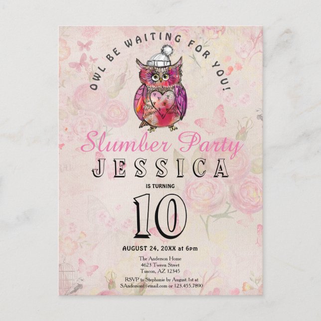 Invitación a la fiesta de cumpleaños de búho noctu (Anverso)