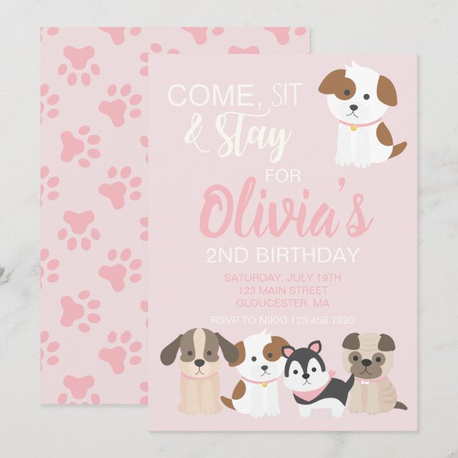 invitación a la fiesta de cumpleaños de cachorros  (Anverso / Reverso)