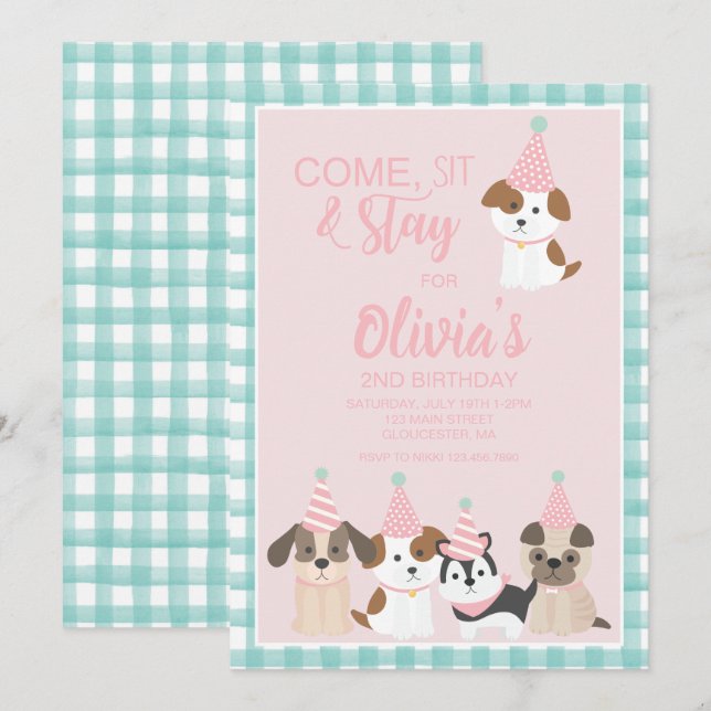 invitación a la fiesta de cumpleaños de cachorros  (Anverso / Reverso)