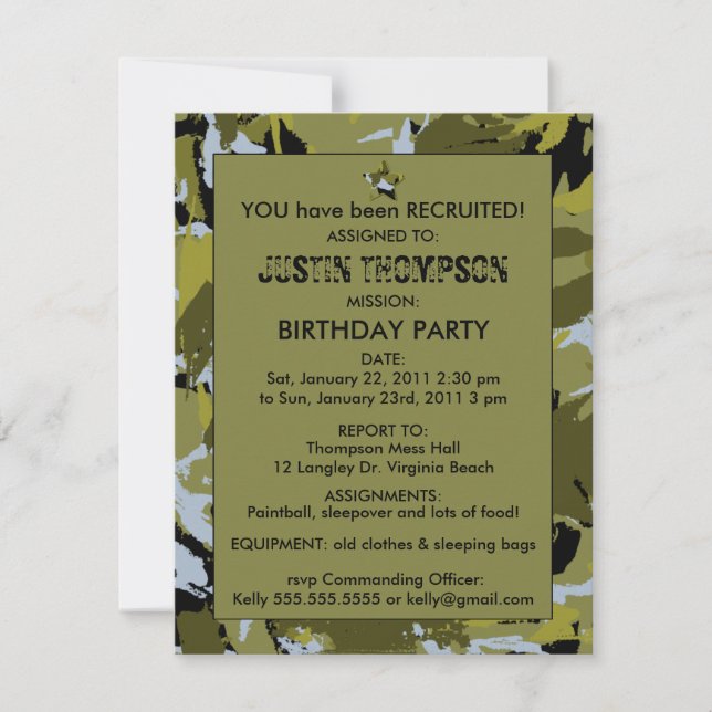 Invitación a la fiesta de cumpleaños de Camo (Anverso)
