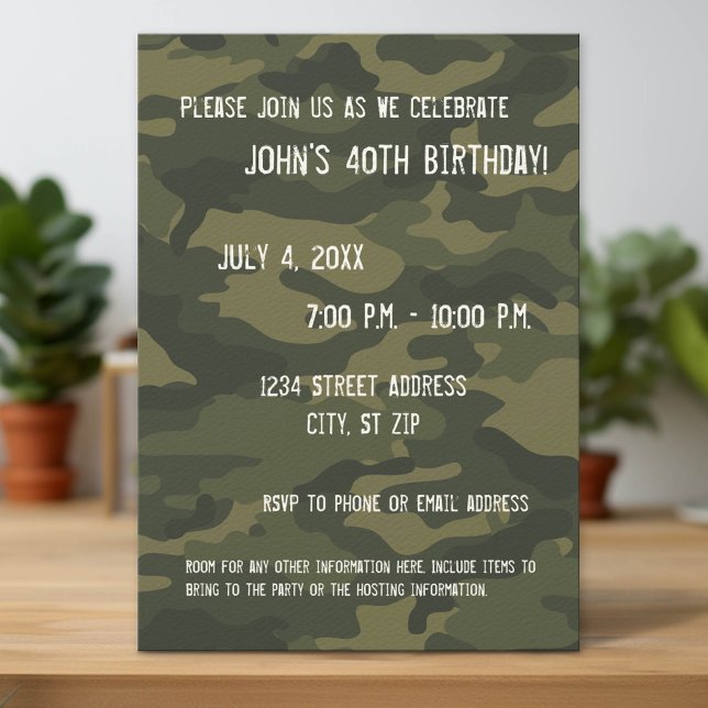 Invitación a la fiesta de cumpleaños de Camo (Custom Party Invitation with Download Option)