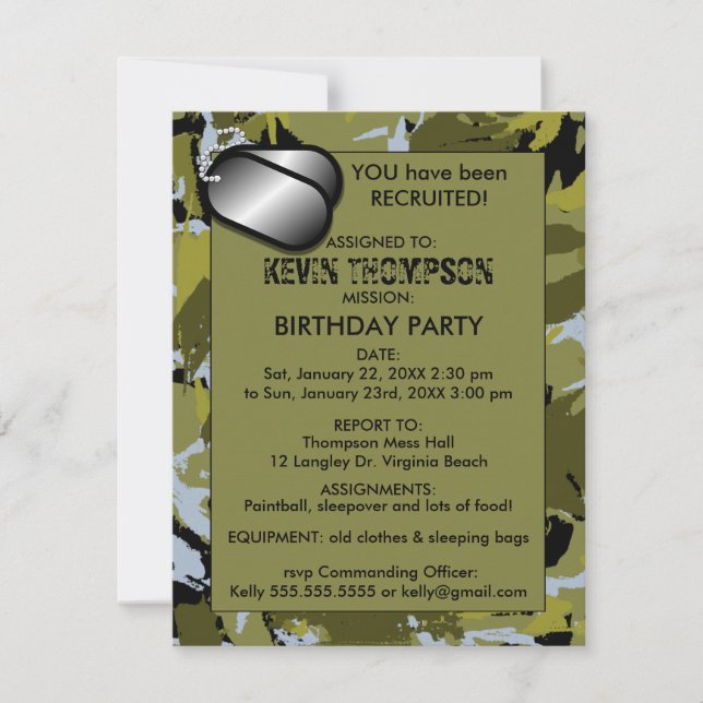 Invitación a la fiesta de cumpleaños de Camo Boy (Anverso)