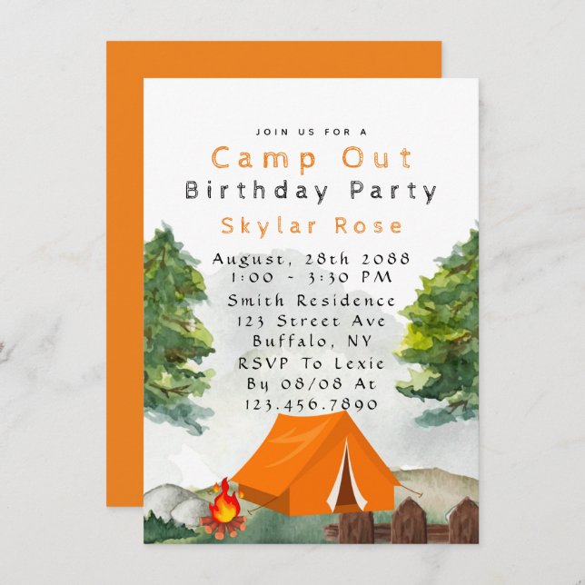 Invitación a la fiesta de cumpleaños de Camp Out B (Anverso / Reverso)