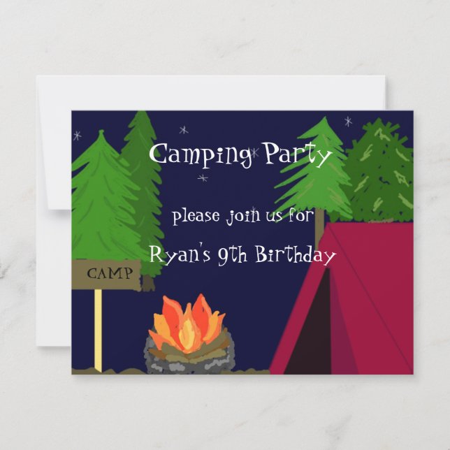 Invitación a la fiesta de cumpleaños de camping (Anverso)