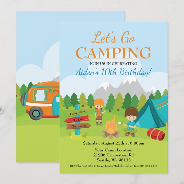 Invitación a la fiesta de cumpleaños de camping (Anverso / Reverso)
