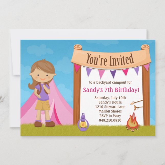 Invitación a la fiesta de cumpleaños de camping (Anverso)