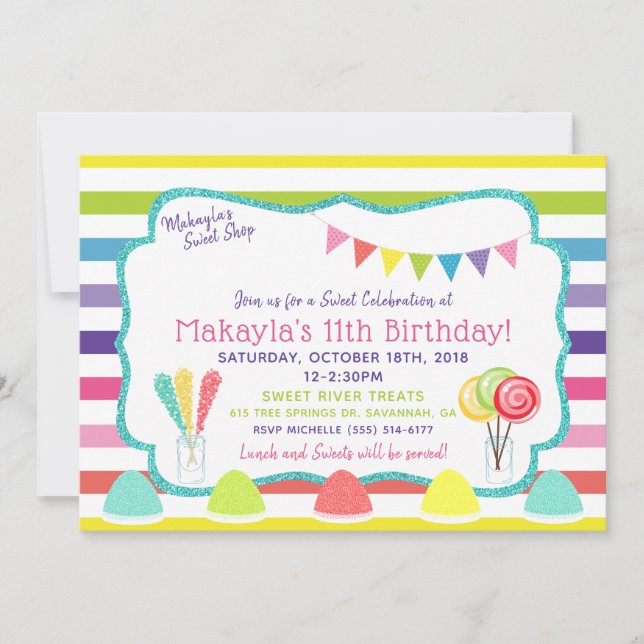 Invitación a la fiesta de cumpleaños de Candy Fies (Anverso)