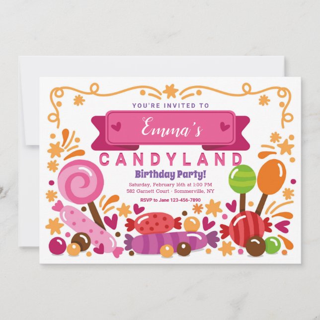 Invitación a la fiesta de cumpleaños de Candy Land (Anverso)