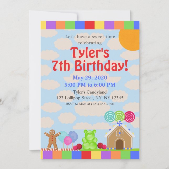 Invitación a la fiesta de cumpleaños de Candy Land (Anverso)