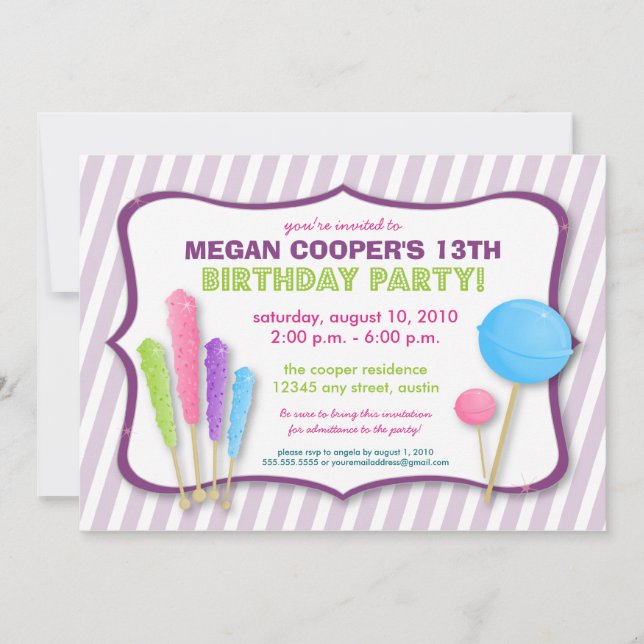 Invitación a la fiesta de cumpleaños de Candy Shop (Anverso)