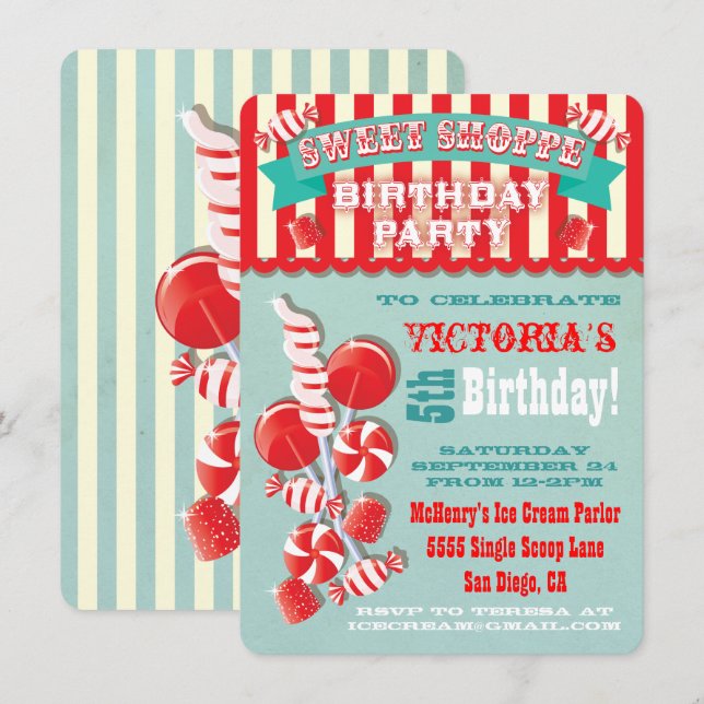 Invitación a la fiesta de cumpleaños de Candy Swee (Anverso / Reverso)
